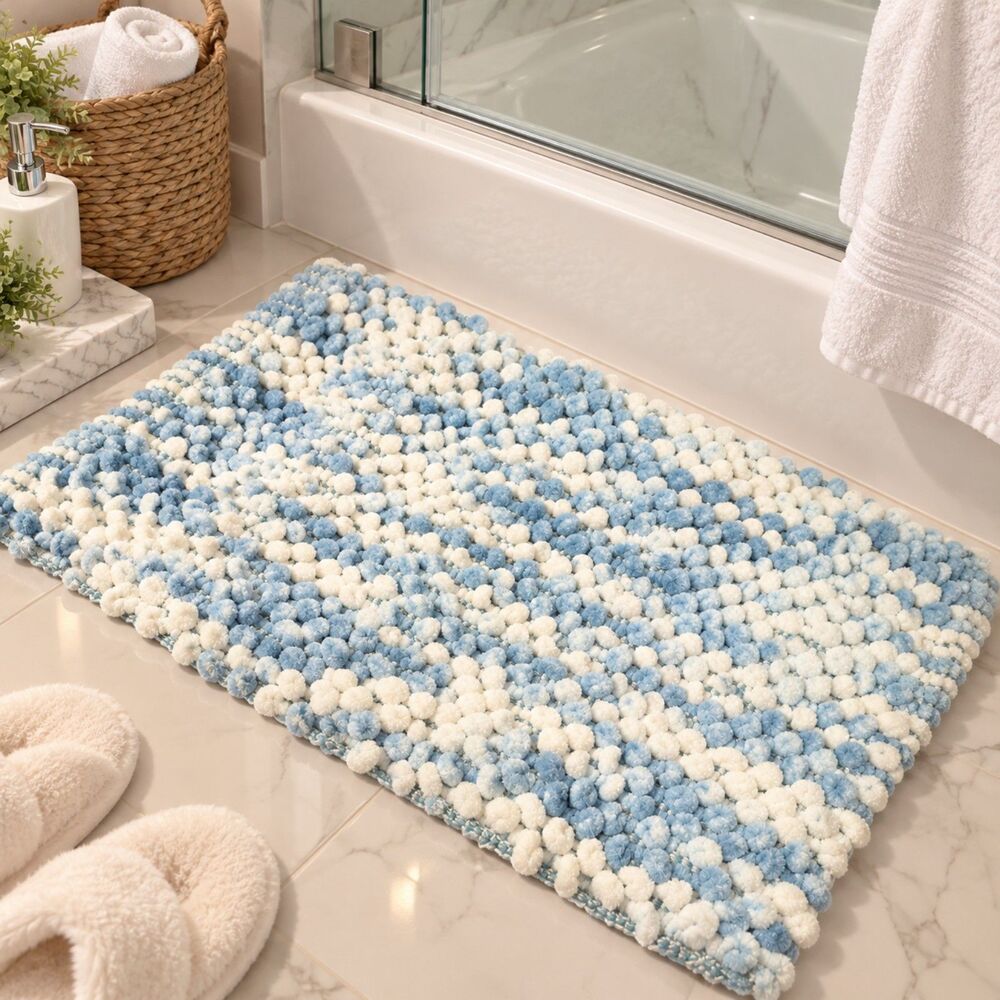 Comfort Bay Blue White Chenille Bath Rug 18x28 Soft Plush Textured Bathroom Mat
